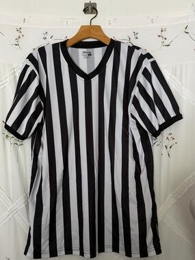 Men's Black & White Striped V-Neck Referee Tee
